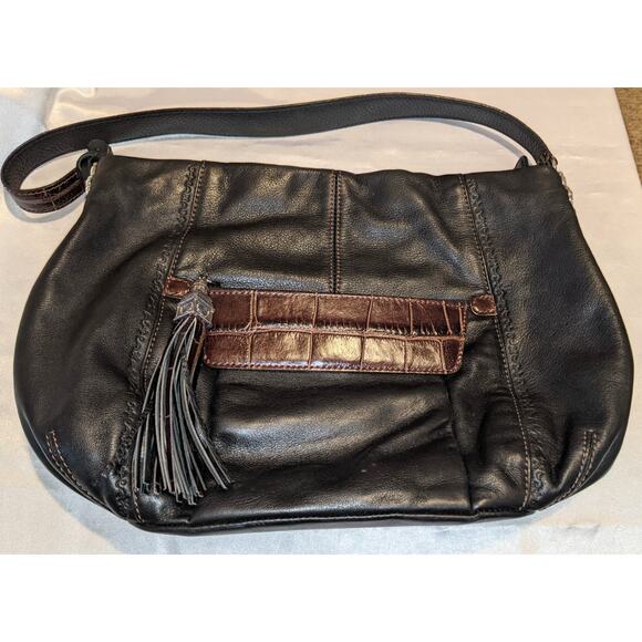 Vintage BRIGHTON Black & Brown Leather Shoulder Bag Handbag + Tassel & Bag Charm - Picture 2 of 13